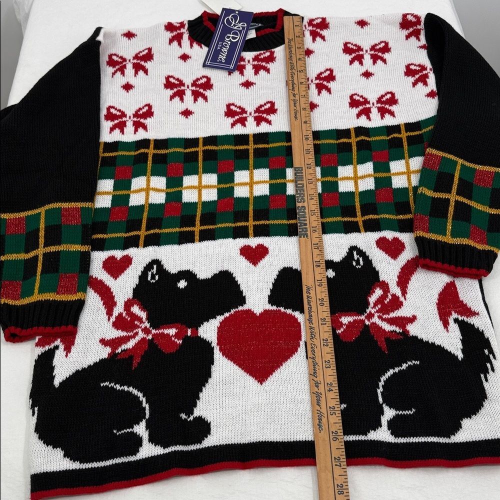 JJ Browne Sweater Wm Medium Ugly Christmas Dog Bow Plaid Sparkle Vintage USA 80s - Picture 3 of 6